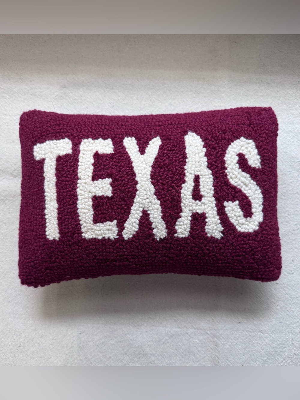 Maroon Hand Hooked “TEXAS” Wool Throw Pillow